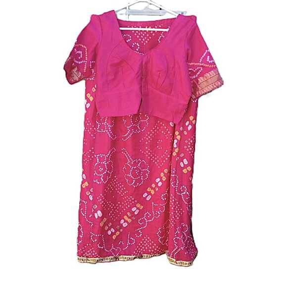 Pink Sari Skirt Choli Blouse Set Batik Yellow Gold 40"B 34"W Lehanga - Picture 1 of 10